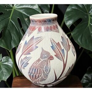 Mata Ortiz Pottery Hector Quintana Cardinal Plants Floral Jar Vase Mexican Art